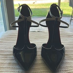 tri colored heels black, cream, red. Ankle strap